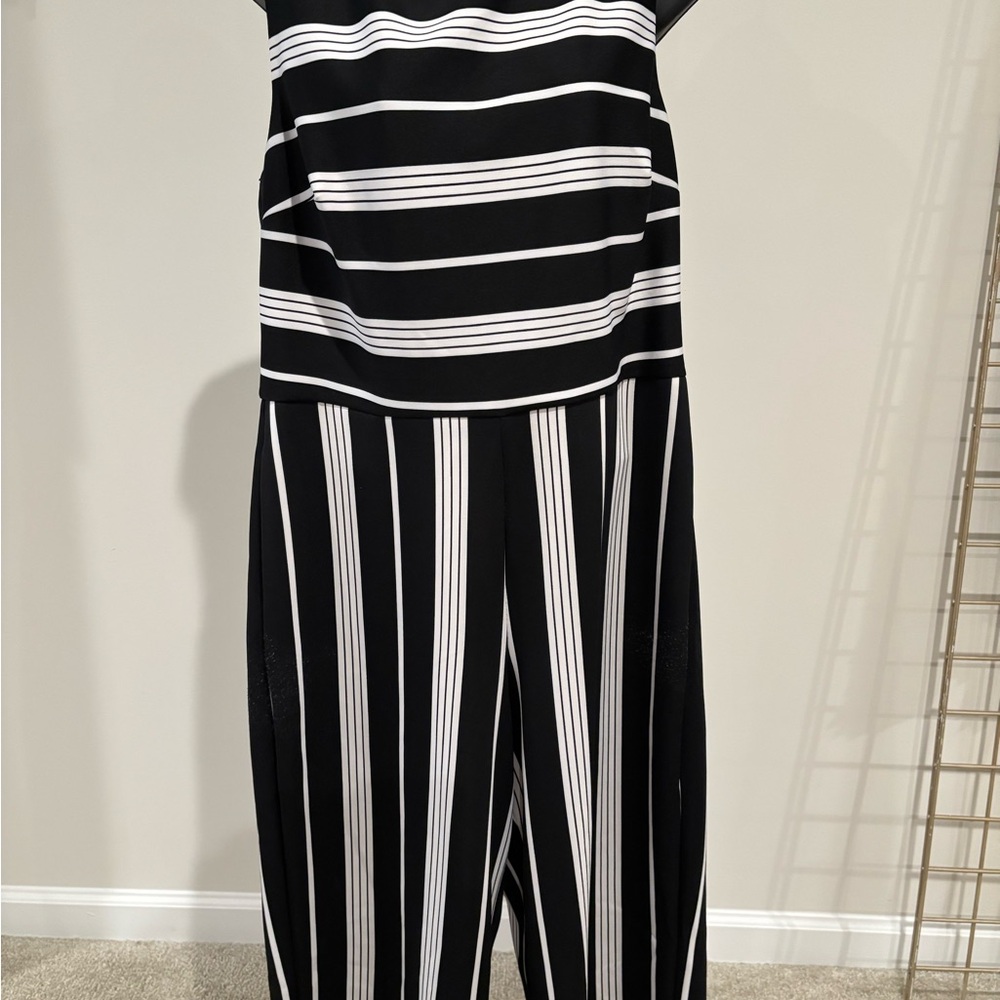 New York & Company Black and White Striped Jumpsuit Wide-Leg Design